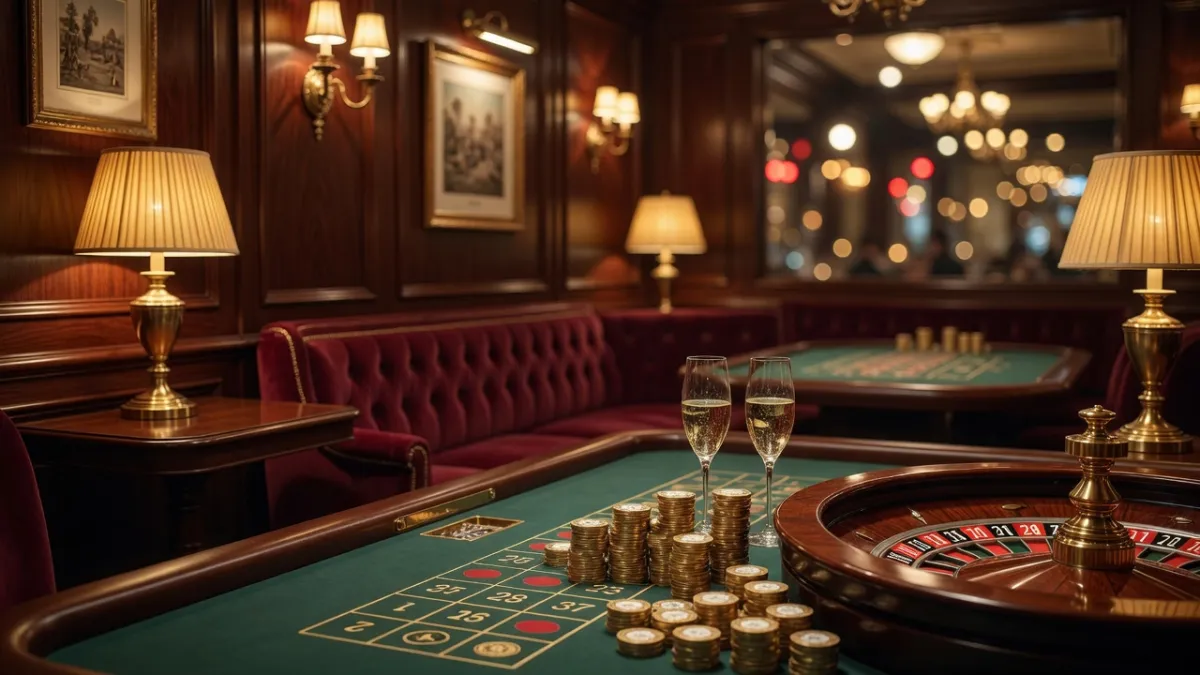 Luxurious casino lounge with roulette, chandeliers and velvet seating