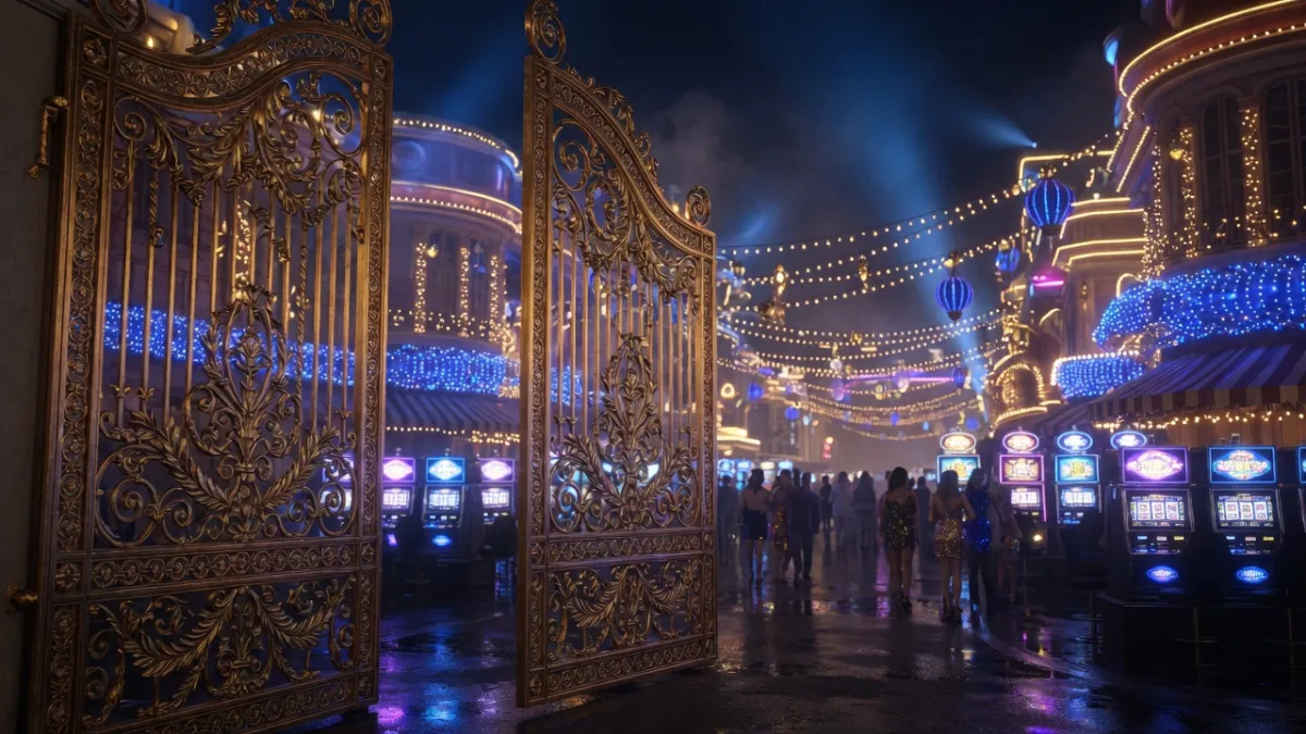 Ornate golden gate and a casino under night lights